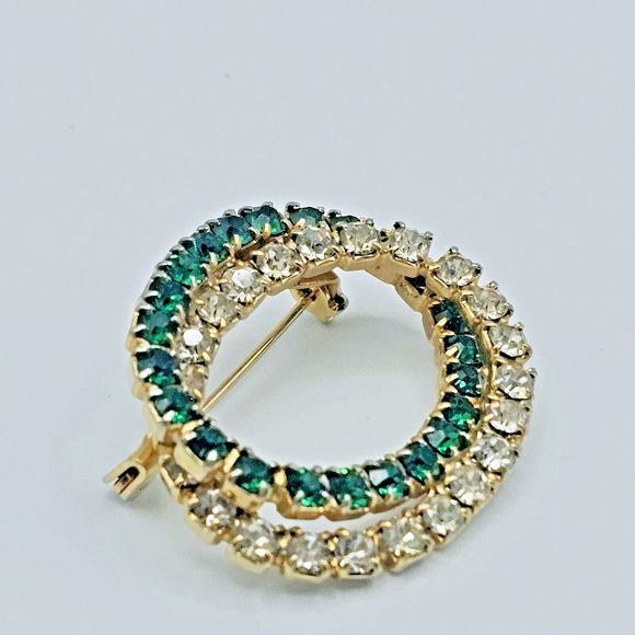 Emerald Green Brooch Vintage Open Double Oval Crystal May Statement Jewelry Pin - Picture 3 of 10